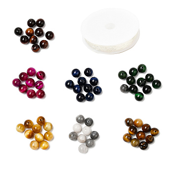DIY Stretch Bracelet Making Kits, 60Pcs 6 Colors Natural Tiger Eye Beads, 10Pcs Hawk's Eye Beads and Elastic Crystal Thread, 8mm, Hole: 1mm, 60pcs/set