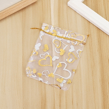 Rectangle Organza Drawstring Gift Bags, Gold Stamping Heart Pouches for Wedding Party Gift Storage, Clear, 9x7cm