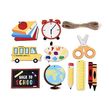 20Pcs Back to School UV Single Face Printed Wood School Supplies Pendant Decorations, Jute Rope Hanging Decorations, Laser Cut Wood Shapes, Mixed Color, 57~99.5x17~99.5x2mm, Hole: 2.5~20mm