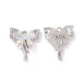 Alloy Pendants, with Crystal Rhinestone and Plastic, Bowknot, Platinum, 19x16x4.5mm, Hole: 1.5mm