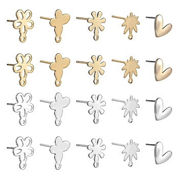 40Pcs 10 Style 201 Stainless Steel & Iron Stud Earrings Findings, with Horizontal Loops & 304 Stainless Steel Pins & 50Pcs Plastic Ear Nuts, Flower & Butterfly & Leaf & Heart, Golden & Stainless Steel Color, 9.5~14x9~12mm, Hole: 1~2mm, Pin: 0.7~0.8mm, 4Pcs/style