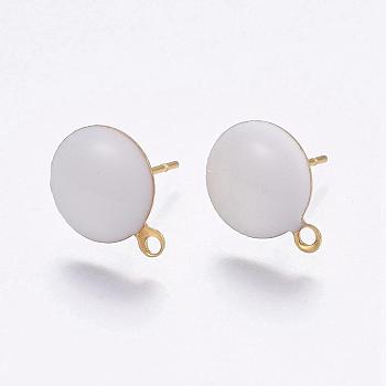 Ion Plating(IP) 304 Stainless Steel Stud Earring Findings, with Loop, Enamel, Flat Round, Golden, White, 11x8x2mm, Hole: 1.5mm, Pin: 0.8mm, 100pc/bag