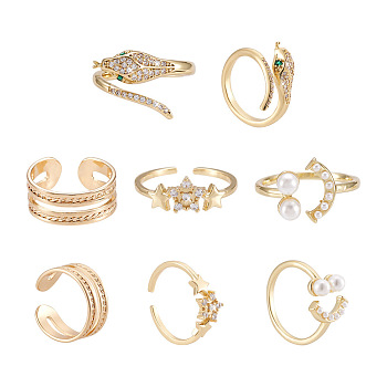 4Pcs 4 Style Snake & Smiling Face & Star Brass Cuff Rings for Her, Wide Band Open Rings, Golden, US Size 6~7 1/4(16.5~17.5mm), 1pc/style