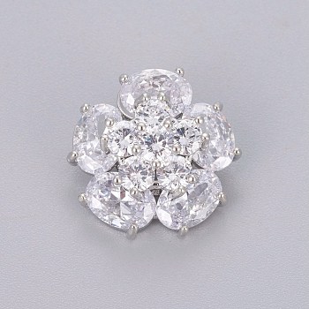 Brass Shank Buttons, with Cubic Zirconia, Flower, Platinum, Clear, 16.2x16.4x10mm, Hole: 1.6mm