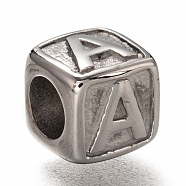 304 Stainless Steel European Beads, Large Hole Beads, Horizontal Hole, Cube with Letter, Stainless Steel Color, Letter.A, 8x8x8mm, Hole: 4.5mm(OPDL-L020-001A)