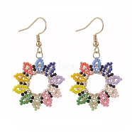 Glass Seed Beaded Sunflower Dangle Earrings, Real 18K Gold Plated 304 Stainless Steel Jewelry for Women, Colorful, 50mm, Pin: 0.7mm(EJEW-MZ00047)