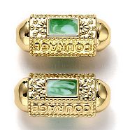 Brass Enamel Beads, Long-Lasting Plated, Real 18K Gold Plated, Oval & Word Courage & Rectangle, Green, 20.5x9.5x9mm, Hole: 2mm(KK-B028-24G)