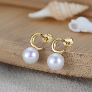 Natural Pearl Ear Studs for Women, 925 Sterling Silver Moon Earring with S925 Stamp, Real 14K Gold Plated, 15x8mm(EJEW-P231-11G)