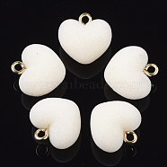 Flocky Acrylic Pendants, with Brass Loops, Heart, Golden, Creamy White, 18.5x18x13mm, Hole: 2.5mm(X-FIND-T046-28-08)
