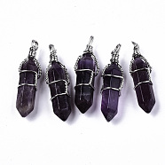 Natural Amethyst Pendants, with Platinum Iron Findings, Wire Wrapped Pendants, Bullet, 42~44x12~13x10~13mm, Hole: 3~4mm(G-S359-197A)