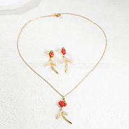 Plastic Rose Flower Jewelry Set, Alloy Dangle Sutd Earrings and Pendant Necklace, Golden, Necklaces: 450mm, Earring: 40x17mm(ZU1827)