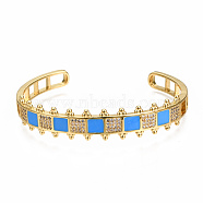 Brass Micro Pave Clear Cubic Zirconia Cuff Bangles, with Enamel, Nickel Free, Square, Real 16K Gold Plated, Deep Sky Blue, Inner Diameter: 2-3/8x2 inch(5.9x4.5cm)(BJEW-N302-006B-NF)