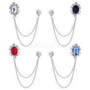 4Pcs 4 Colors Glass Oval Hanging Chain Brooches, Platinum Alloy Badges for Collar Shirt Suit, Mixed Color, 140mm, 1Pc/color(JEWB-GF0001-37)