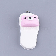 Handmade Polymer Clay Pendants, with Iron Findings, Slipper with Bear, Platinum, White, 42~43x19~20x11~14mm, Hole: 1.5mm(CLAY-S093-04H)