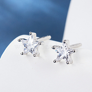 Rhodium Plated 925 Sterling Silver Stud Earrings for Women, with Cubic Zirconia, Star, 6mm(PA6012-2)