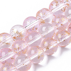 Transparent Spray Painted Glass Bead Strands, with Golden Foil, Round, Pink, 8~9mm, Hole: 1.2~1.5mm, about 46~56pcs/Strand, 14.37 inch~16.3 inch(36.5~41.4cm)(GLAA-N035-03C-B06)