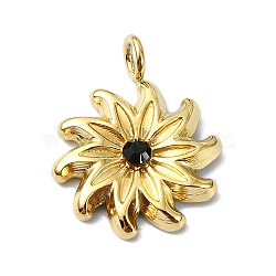 Ion Plating(IP) 304 Stainless Steel Pendants, Real 18K Gold Plated, with Rhinestone, Flower Charm, Jet, 15x12x2.5mm, Hole: 2mm(STAS-B058-25G-01)