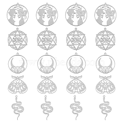 20Pcs 5 Styles 201 Stainless Steel Pendants, Laser Cut, Star of David with Moon & Snake & Beetle & Flat Round & Ring with Moon, Stainless Steel Color, 28.5~38x18~33x1mm, Hole: 1.5~2mm, 4pcs/style(STAS-DC0013-89)