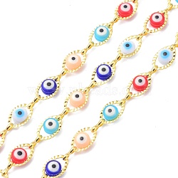 304 Stainless Steel & Evil Eye Glass Beads Link Chain, Long-Lasting Plated, Unwelded, with Spool, Golden, links: 6x1x2mm, evil eye: 6x10x4mm, about 16.4 Feet(5m)/roll(CHS-D034-01G)