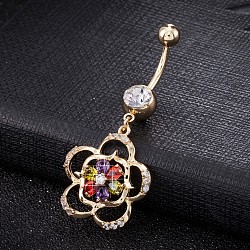 Piercing Jewelry, Brass Cubic Zirconia Navel Ring, Belly Rings, with Surgical Stainless Steel Bar, Cadmium Free & Lead Free, Real 18K Gold Plated, Flower, Colorful, 49x22mm, Bar Length: 3/8"(10mm), Bar: 14 Gauge(1.6mm)(AJEW-EE0003-25B)