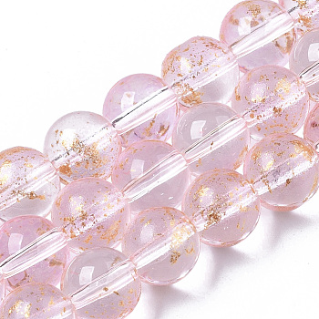 Transparent Spray Painted Glass Bead Strands, with Golden Foil, Round, Pink, 8~9mm, Hole: 1.2~1.5mm, about 46~56pcs/Strand, 14.37 inch~16.3 inch(36.5~41.4cm)