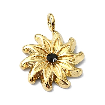 Ion Plating(IP) 304 Stainless Steel Pendants, Real 18K Gold Plated, with Rhinestone, Flower Charm, Jet, 15x12x2.5mm, Hole: 2mm