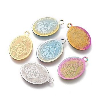 304 Stainless Steel Charms, Laser Cut, Oval, Miraculous Medal, Mixed Color, 18.5x12.5x0.5mm, Hole: 1.4mm