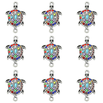 10Pcs Alloy Connector Charms, Sea Turtle Links, with Colorful Resin and Rhinestone, Antique Golden, 25.5x16.5x4mm, Hole: 1.8mm