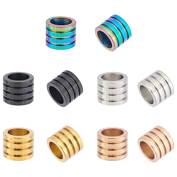 15Pcs 5 Colors 304 Stainless Steel Beads, Large Hole Beads, Grooved, Column, Mixed Color, 10x8mm, Hole: 7mm, 3pcs/color