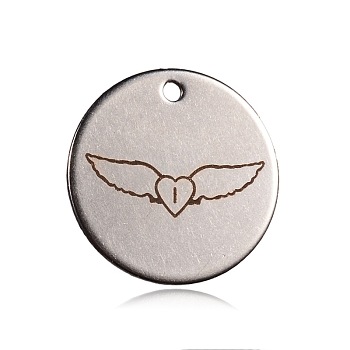 Spray Painted Stainless Steel Charms, Flat Round with Heart and Wing Pattern, Peru, 15x1mm, Hole: 1mm