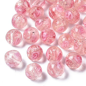 Handmade Luminous Inner Flower Lampwork Beads, Round, Pink, 8mm, Hole: 1mm