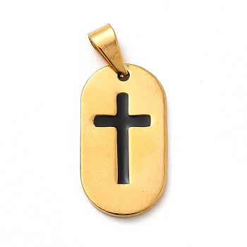 Vacuum Plating 201 Stainless Steel Enamel Pendants, Oval with Cross, Golden, 25.5x14x2mm, Hole: 6x3.5mm