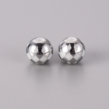 Electroplate Glass Beads, Round with Grid Pattern, Platinum Plated, 10mm, Hole: 1.2mm