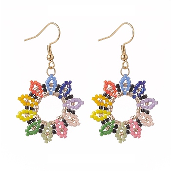 Glass Seed Beaded Sunflower Dangle Earrings, Real 18K Gold Plated 304 Stainless Steel Jewelry for Women, Colorful, 50mm, Pin: 0.7mm