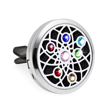 Colorful Rhinestone Aromatherapy Essential Oil Car Diffuser Vent Clips, with Perfume Pads, Chakra Yoga Theme Magnetic Alloy Air Freshener Locket Vent Decorations, Cute Automotive Interior Trim, Flower Pattern, 30mm