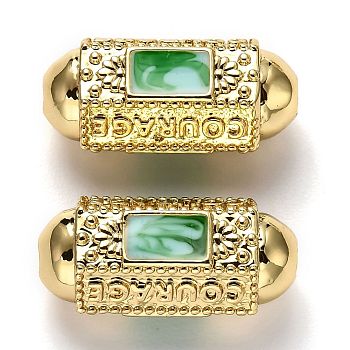 Brass Enamel Beads, Long-Lasting Plated, Real 18K Gold Plated, Oval & Word Courage & Rectangle, Green, 20.5x9.5x9mm, Hole: 2mm