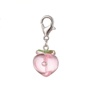 Transparent Peach Resin Pendant Decorations, Zinc Alloy Lobster Clasps Charm, Clip-on Charms, for Keychain, Purse, Backpack, Platinum, 38.5mm