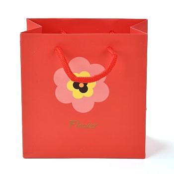 Rectangle Paper Bags, with Cotton Rope Handles, Flower & Word Flower Pattern, for Gift Bags and Shopping Bags, Red, 14x7.1x14.5cm