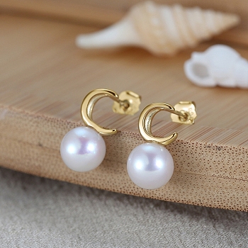 Natural Pearl Ear Studs for Women, 925 Sterling Silver Moon Earring with S925 Stamp, Real 14K Gold Plated, 15x8mm