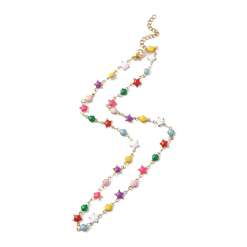 Enamel Star & Heart Link Chain Necklace, Vacuum Plating 304 Stainless Steel Jewelry for Women, Colorful, 17-5/8 inch(44.8cm)
