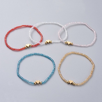 Stretch Bracelets, with Electroplate Glass Beads and Real 18K Gold Plated Brass Beads, Mixed Color, 2-1/4 inch(5.6cm)