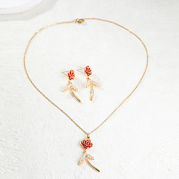 Plastic Rose Flower Jewelry Set, Alloy Dangle Sutd Earrings and Pendant Necklace, Golden, Necklaces: 450mm, Earring: 40x17mm