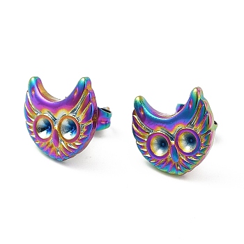 Ion Plating(IP) 304 Stainless Steel Stud Earring Findings, Earring Settings for Rhinestone, Owl, Rainbow Color, 11.5x12mm, Pin: 0.8mm, Fit for Rhinestone: 2.5mm