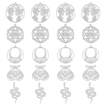 20Pcs 5 Styles 201 Stainless Steel Pendants, Laser Cut, Star of David with Moon & Snake & Beetle & Flat Round & Ring with Moon, Stainless Steel Color, 28.5~38x18~33x1mm, Hole: 1.5~2mm, 4pcs/style