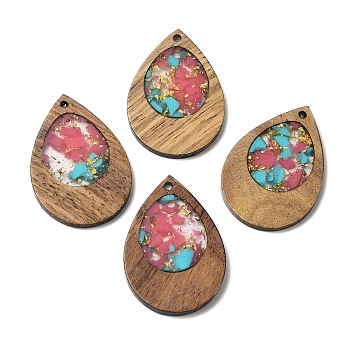 Wood & Resin Pendant, with Gold Foil, Teardrop Charms, Old Rose, 38x25.5x3mm, Hole: 2mm