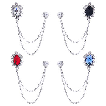 4Pcs 4 Colors Glass Oval Hanging Chain Brooches, Platinum Alloy Badges for Collar Shirt Suit, Mixed Color, 140mm, 1Pc/color