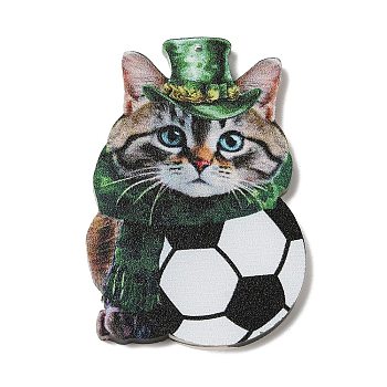Transparent & Printed Acrylic Pendants, Saint Patrick's Day, Football Charm, Cat Shape, 49.5x32.5x2mm, Hole: 1.2mm