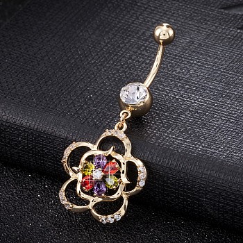 Piercing Jewelry, Brass Cubic Zirconia Navel Ring, Belly Rings, with Surgical Stainless Steel Bar, Cadmium Free & Lead Free, Real 18K Gold Plated, Flower, Colorful, 49x22mm, Bar Length: 3/8"(10mm), Bar: 14 Gauge(1.6mm)