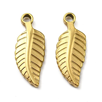 Ion Plating(IP) 316L Surgical Stainless Steel Pendants, Leaf Charm, Real 18K Gold Plated, 24x10x3mm, Hole: 2mm