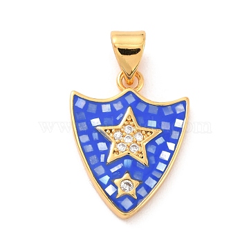 Natural Shell Pendants, with Clear Cubic Zirconia and Golden Brass Findings, Shield with Star, Blue, 18.5x14x2mm, Hole: 4.5x3.5mm(KK-K257-07A-G)